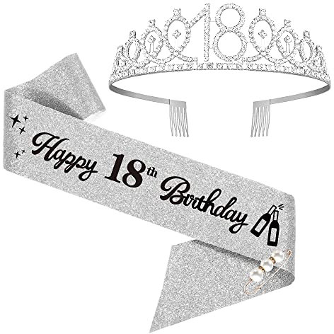 18. Geburtstags Tiara, Happy 18th Birthday Geburtstags-Krone Schärpe Set, 18 geburtstag deko für 18. geburtstag mädchen alles Gute zum 18. Geburtstagsgeschenk, Partyzubehör (Silber)