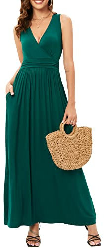 OUGES Sommerkleid Damen Ärmellos V-Ausschnitt Kleider Casual Boho Kleid Maxikleid mit Taschen (Grün-3141, L)