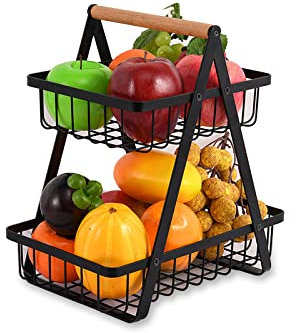 Iophi 2 Pisos Fruteros de Cocina, Frutero Desmontable Cocina Frutero Modernos, Práctica Cesta de Frutas de Metal para Pan, Verduras, Aperitivos, kitchen organizer cesta Negro