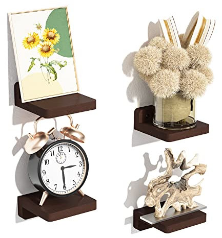 SRIWATANA Kleine Schweberegal Holz 10 cm Wandregal 4er-Set Nussbaum dunkel Mini Regal Modern Dekoration für Schlafzimmer Wohnzimmer Badezimmer Küche