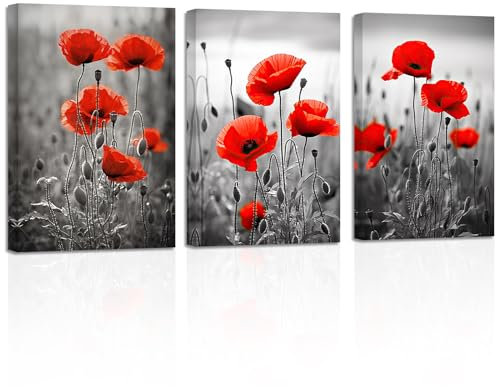 ZXHYWYM Rote Mohnblumen Leinwandbilder 3 teilig schwarz weiße und graue Mohnblumen Bilddrucke elegante rustikale Kunstwerke Badezimmer Heimdekoration (Bild-1, (50.00 x 70.00 cms x 3 Teilig))