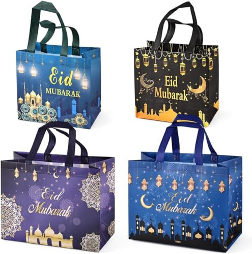 4PCS Eid Mubarak wiederverwendbare Geschenktaschen, Eid Mubarak Party Taschen, Multifunktionale Non-Woven Eid Taschen für Geschenkverpackung, Ramadan Kareem Party Supplies, 23×22×11cm
