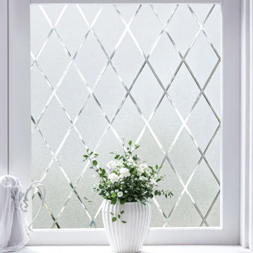 Lifetree Frosted Window Film Privcay, Frosted, 60 x 200cm | Grill Patterned Film for Glass Windows, Static Cling Sun Block Anti Glare Window Covering Decorative Film for Home Office
