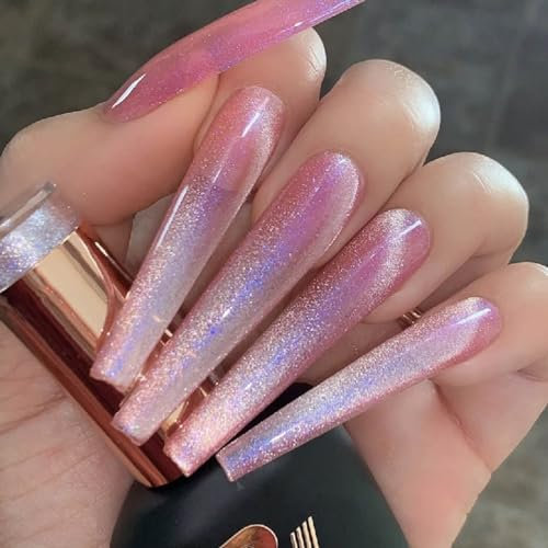 Handmade Bright Pink Jelly Press On Nails Long Square - Hot Neon Pink Fake Nails Long Length Summer Glue On Nails with Diamond Stick On Nails False Nails, 10Pcs Nail Kit with Glue (L, Cat's Eye Pink)