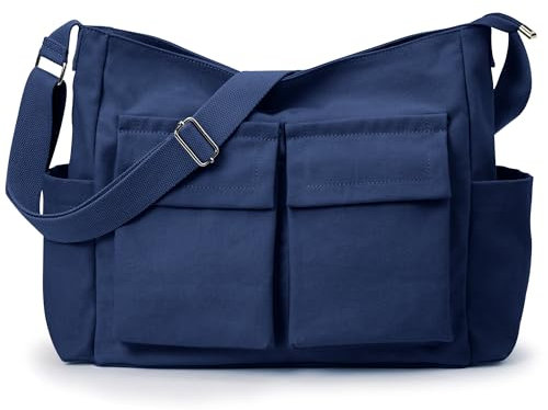 KALIDI Canvas-Tragetasche, Kuriertasche, große Crossbody-Tasche für Damen oder Herren, lässige Canvas-Umhängetasche für College, Arbeit, Alltag, Tiefes Blau