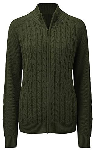 Saodimallsu Damen Strickjacke Langarm Reißverschluss Cardigan Zopfmuster Jacke Strickpullover Lässig Mantel, Grün, XL