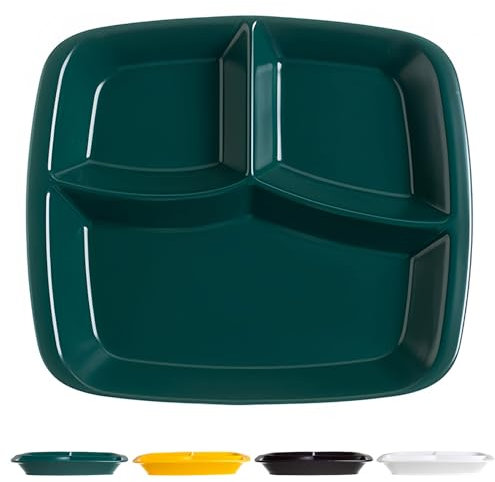 Dowbom Large Portion Control Plates, Solid Color Divided Plates For Adults, Bariatric Plates For Portion Control, Reusable 3 Section Lunch Tray (11,Green), DB-FGP-013