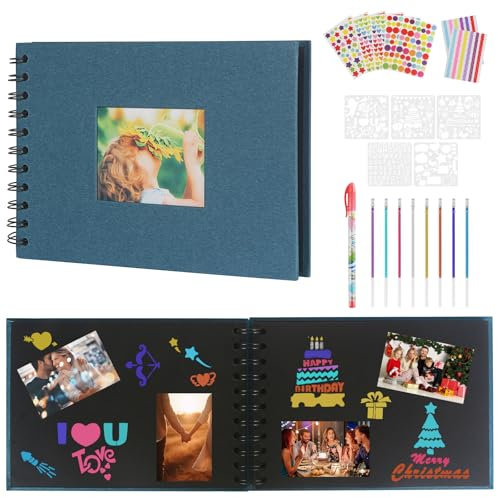 WEFINEST Fotoalbum zum Selbstgestalten,Erinnerungsbuch 60 Seiten,21,5 x 15cm DIY Fotoalbum,Fotoalbum Ringbuch mit Stiftaufklebern Fotoecke,Fotoalbum a5 für Jahrestag, Hochzeit, Geburtstag (Blau)