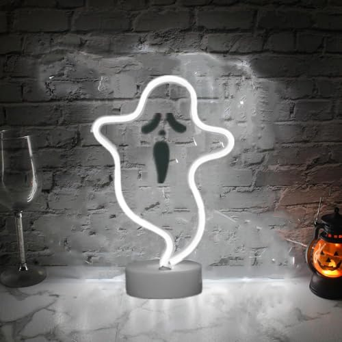 HFHungkeong LED Halloween Neonschild, Batterie/USB betrieben Neonlampe in Geisterform mit Sockel für Schlafzimmer, Bar, Büro, Schreibtisch, Halloween Dekoration (weiß)