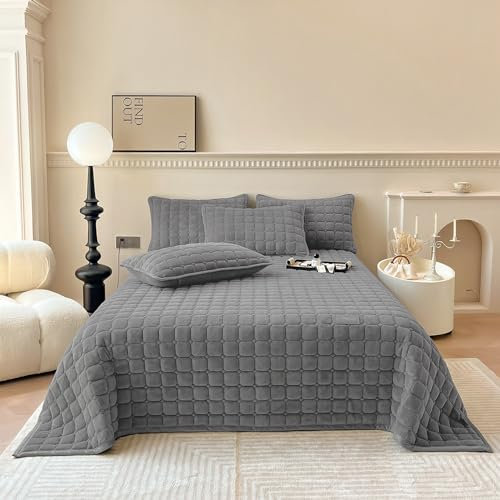 TOPCHANCES Milch Samt Soft Tagesdecke, Stepp-Bettwäsche-Set, Bettüberwurf oder Sofaüberwurf,mit 2 passenden Kissenbezügen 50 X 70 cm, für alle Jahreszeiten（Dunkelgrau，230 * 250cm）