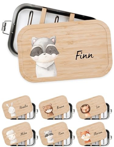 Bärenfreunde® - Personalisierte Brotdose für Kinder mit Spezial-Druck - Robuste Edelstahl Brotdose - Personalisierte Geschenke für Kinder & Erwachsene (Waschbär,GROSS Edelstahl)