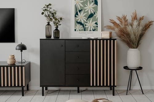 möbelando Sideboard >Monza< 2 Türen, 4 Schubladen, 2 Böden, 3D-Lamellen-Optik, schwarz/Dekor Artisan Eiche - 118x90x40cm (BxHxT)