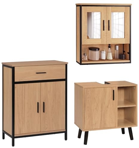 EUGAD Ensemble de Meubles de Salle de Bain,Placard avec 4 Tiroirs Étagés, Armoire de Salle de Bain avec Miroir, Armoire sous Vasque avec Porte et Étagères, Placard de Rangement sous Évier sur Pied