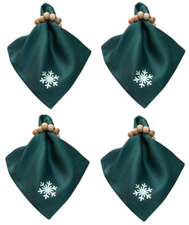 Stoffservietten Weihnachten, 4er Set Zümrütgrün mit Schneeflocken-Stickerei, 35x35 cm, Waschbare Baumwollservietten für Festtagstisch & Deko