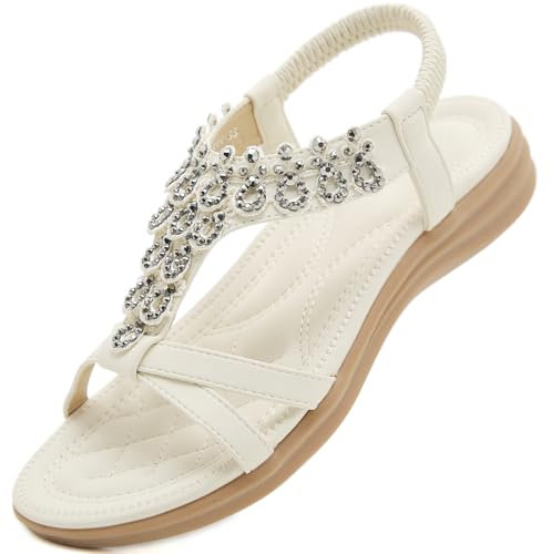 Acfoda Sandali Donna Estive Comodi Ortopedico Strass Bohemia Infradito da Spiaggia Bassi Flip Flop Eleganti Scarpe Bianco 38