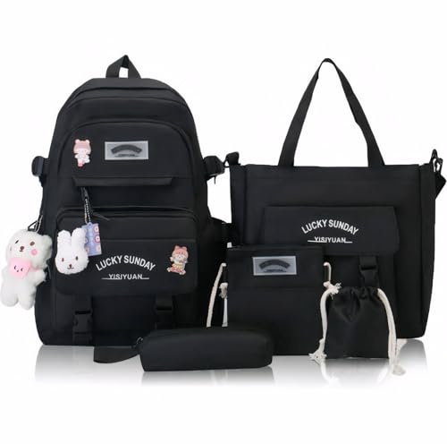 Cnwinu Mädchen-Rucksack-Set, Mädchen-Schultasche, einschichtiger Canvas niedlicher Rucksack, Tragetasche, Stifttasche, Umhängetasche, Kinder Kawaii Rucksack, lässiger Alltagsrucksack, A-schwarz, M