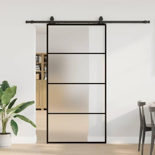 Homgoday Puerta corredera con herrajes Negro 102x205 cm ESG Vidrio Puerta Corredera Puerta Corredera de Cristal Puerta Corrediza Moderna para Sala
