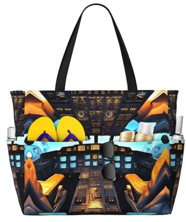 Flugzeug-Cockpit-Strandtasche, extra groß, faltbar, Strandtasche für Sandpool, für Damen, Urlaub, Schwarz , Einheitsgröße