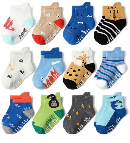 HaimoBurg 12 Paia di Calze Antiscivolo in Cotone Traspirante per Bambini da 1 a 5 Anni,Calzini Bambino Bambina Neonato