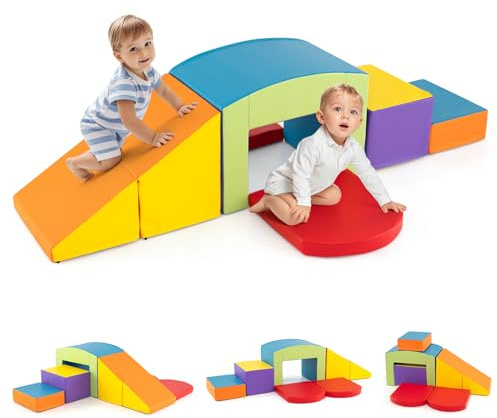 FANTASK Schaumstoffbausteine Set, Softbausteine mit Tunnel Treppe Rampe, Kletterbausteine Großbausteine zum Spielen Klettern Indoor für Kinder, Bunt