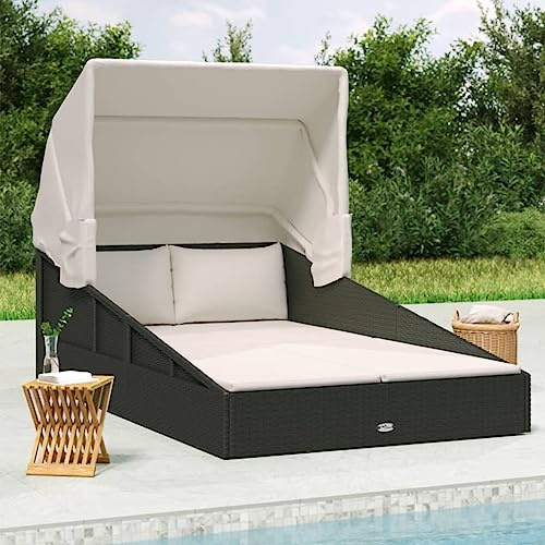 Frdhee Liegen Für Sauna Ruheraum, Sonnenliege mit Faltdach Schwarz 200x114x128 cm Poly Rattan Strandstuhl für Garten, Terrasse, Balkon