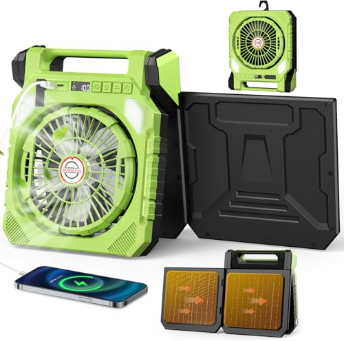 Ventilatore da Campeggio,Ventilatore Portatile con 2 Pannelli Solari,Batteria da 20000 mAh,LED Luce,Torcia elettrica,Scuotendo la testa,Display digitale,Temporizzatore.USB Fan per Viaggi Lavoro