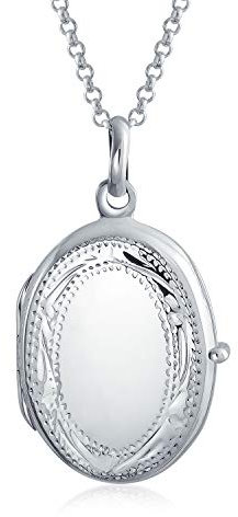 Bling Jewelry Anpassbare .925 Sterling Silber Oval Medaillon Halskette Für Frauen Personalisierter Vintage Antik Stil Mit Graviertem Blattmuster Hält Zwei Erinnerungsfotos