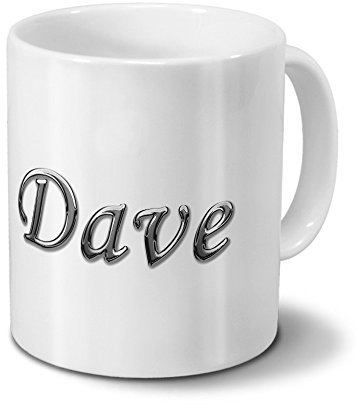 printplanet Tasse mit Namen Dave - Motiv Chrom-Schriftzug - Namenstasse, Kaffeebecher, Mug, Becher, Kaffeetasse - Farbe Weiß