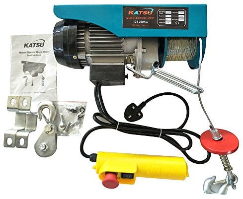 KATSU Elektrischer Seilhebezug 250KG 550 W mit 18M Stahlseil Hebezug Seilzug und Fernbedienung Elektrische Seilwinde Motorwinde Elektroseilzug für Garage, Autowerkstatt, Deckenhebebühne