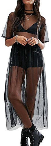 Mujer Vestido Transparente de Encaje Vestidos Verano de Manga Corta para Mujer Cubierta Cover Up de Tul para Blusa Bikini Sexy Clubwear Negro,L