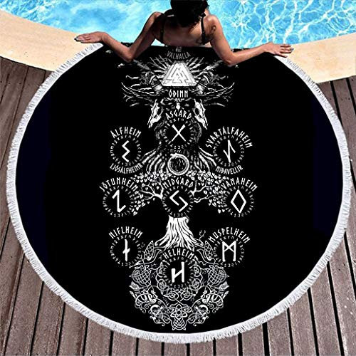 Einfarbig Keltisch Symbol Runder Strandwurf mit Quasten Wikinger Rabe Drachen Hammer Skandinavisch Runen Yggdrasil Nordisch Mythologie Franse Strandtüch Stranddecke white 150cm