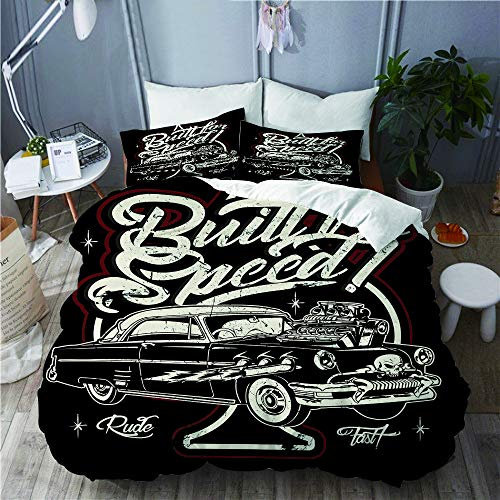 PENGTU Bettwäsche-Set, Mikrofaser,Rockabilly Cartoon Retro Hot Rod Amerikanischer Oldtimer Klassischer Cooler Coupé Motor,1 Bettbezug 135 x 200cm+ 2 Kopfkissenbezug 80x80cm