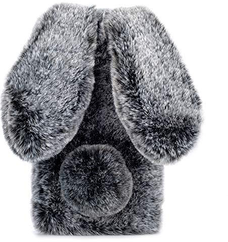 HongHushop Cute Rabbit Case Plush Cover for iPhone 8 Plus / 7 Plus Case Super Soft Warm Fluffy Furry Bunny Ears Shockproof Back Case Cover Chic Bling Crystal Diamond Bowknot Case -Dark grey
