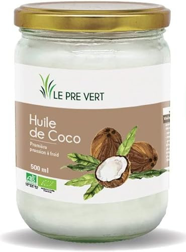 HUILE DE COCO BIO - Pot 500 ml - Le Pré Vert - Cosmétique et cuisine - Source d'acide laurique - Oméga 6 et 9 - Vitamine E - Vierge - Extraite à froid