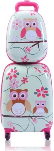 RELAX4LIFE Set Valigia Bambini 2 in 1 Gufo Verde Menta Fucsia (Trolley16 + Zaino 12) con Ruote 360°, Maniglia Regolabile, Zaino con Piedini | ABS Resistente | Ideale per Viaggi e Scuola