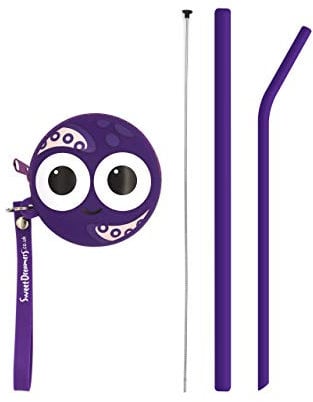 Sweet Dreamers, ECO Friendly Bendies Reusable Silicone Kids Straws in Fun Character Pouch with Cleaning Tool - Purple Otto Octopus