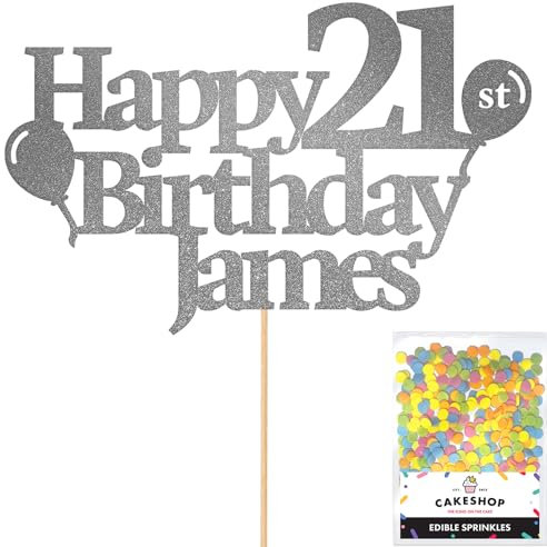 Personalised Happy Birthday Glitter Cake Topper Balloons - Dark Silver Any Name Age Glitter Cake Decoration and Sprinkles - Happy Birthday Decorations - Personalised Toppers for Cakes by Cakeshop