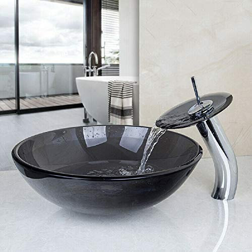GLOBAOSALU Black 16.8 Round Tempered Glass Vessel Sink With Faucet And Drain, Modern Above Counter Bathroom Sink