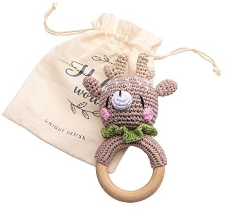 Mamimami Home Gehäkelte Babyrassel Häkeln Holz Greifling Baby Rassel Geschenk zur Geburt Handmade Junge und Mädchen,Geschenk zur Geburt(Khaki Elk)