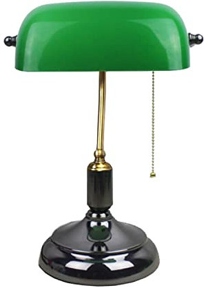ACMHNC Vintage Bankerlamp Grün Schreibtischlampe Mit Zugschalter, Traditionelle Bankers Lampe Retro Tischlampe Glas Mit Lampenschirm Einstellbar Und Schwarz Base, Klassisch E27 Bürolampe