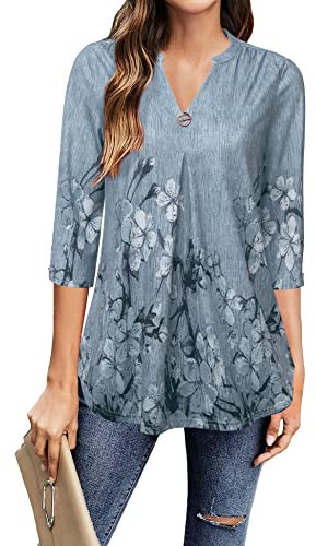 Gaharu Hübsche Schönes Hemden 3/4 Arm Sommershirt für Damen Blusentops Frauen T-Shirt für Leggings, Arbeit Shirt Wunderschön Festlichshirt Locker Fallend Sommer Blusen Weich Legere Schwarz Grau,XL