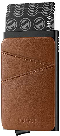 VULKIT Kartenetui RFID NFC Schutz mit Fäche aus Leder Kartenetui Herren Slim Pop Up Kreditkartenetui Herren Metall Klein Kartenhalter für 5-9 Karten, Braun
