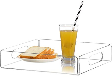 Vassoio da portata in acrilico con manico, organizer in acrilico Vassoio da portata rettangolare trasparente per alimenti per colazione, caffè, pane, cucina