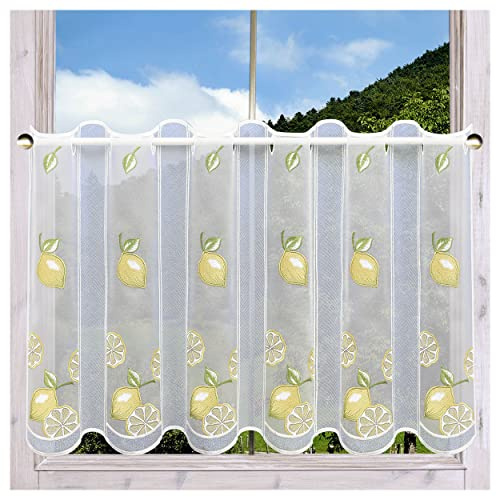 Scheibengardine Zitronen bestickt | Echte Vogtländische Spitze Landhaus Küchengardine & Bistrogardine | Kurzgardine sommerliche-fruchtige Fensterdeko Kurzstore Allzeit-Deko H x B 55 x 43 cm