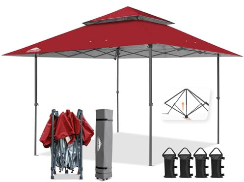 EAGLE PEAK Schräge Beine Faltbar Pavillon 4x4m Wasserdicht Camping Pop-up Faltpavillon mit Seitenteil, inkl. Rucksack, Rot