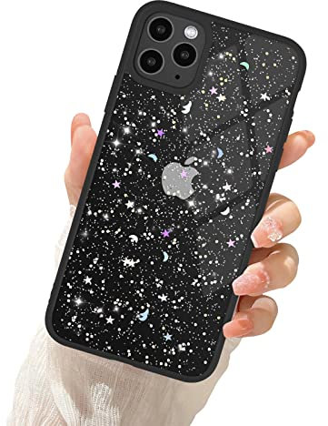 Newseego Clear Glitter Case Compatible with iPhone 11 Pro Max for Girls Women, Sparkly Bling Cute Star Pattern Phone Case Soft TPU Shockproof Protective Bumper Cover for iPhone 11 Pro Max-Black