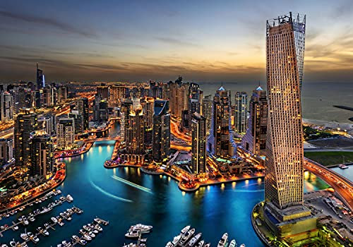 wandmotiv24 Fototapete Skyline Dubai Nacht Hafen, 400 x 280 cm - selbstklebende Strukturtapete, Wanddeko, Wandbild, Wandtapete, Wasser Meer Architektur Himmel Boot M6709