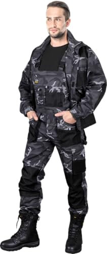 REIS FORECO-B Arbeitslatzhose für Herren | Sicherheitshose | Cargo | Arbeitskleidung | Arbeitshose | Latzhose | Arbeitsanzug | Camouflage-Schwarz | Größe: 56