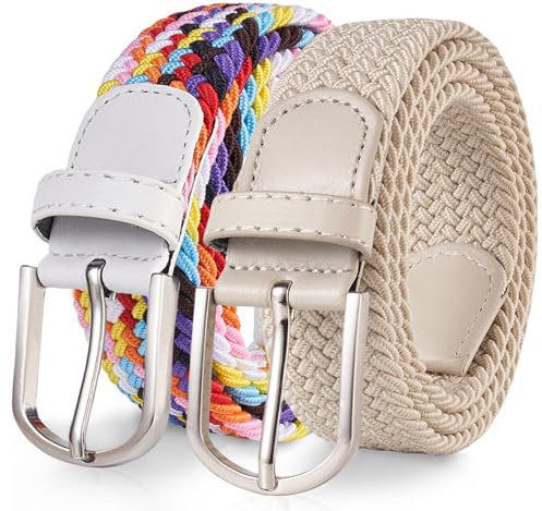 TANGCHAO 2 Stücke Stoffgürtel Stretchgürtel Elastik Flechtgürtel Geflochtener und Elastischer Dehnbarer Gürtel für Damen und Herren Breite 3.3cm Mehrfarbig+Beige 110cm