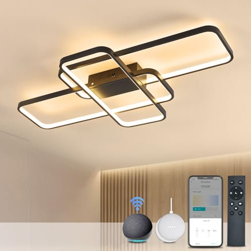Smart LED Deckenleuchte with Matter, Kompatibel Mit HomeKit, Alexa, Google and IFTTT, 80W 9600LM Deckenlampe Schwarz Mit Fernbedienung, 3000K-6000K Alexa Deckenlampe Für Schlafzimmer Wohnzimmer 105CM